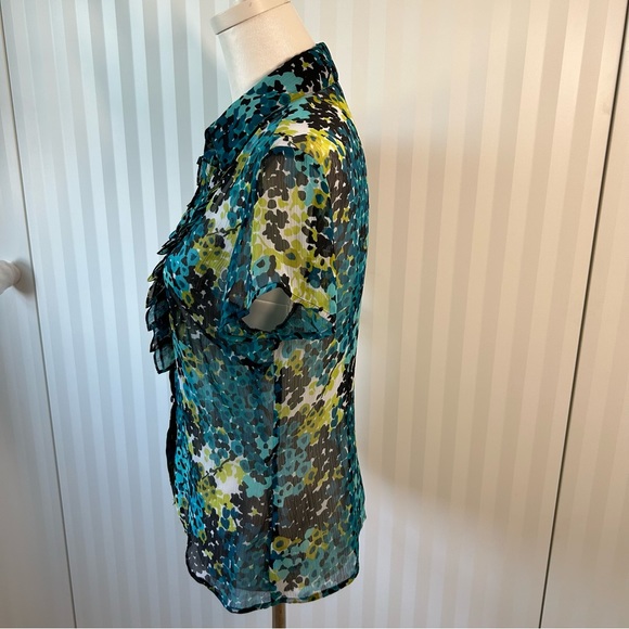 Worthington teal green blue yellow black sheer ruffled button down blouse Size M - Picture 4 of 8
